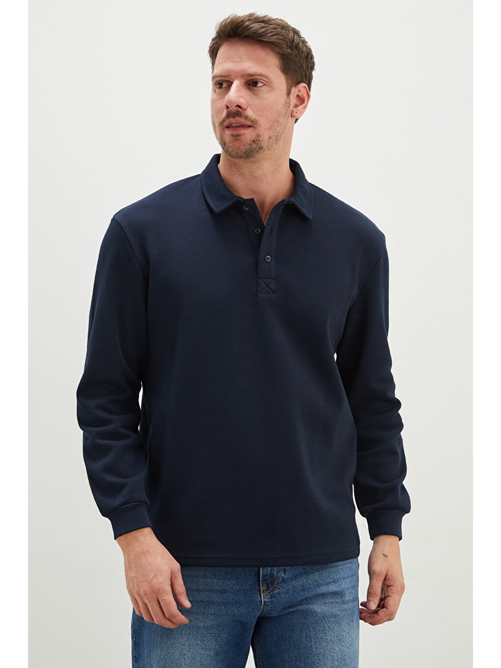 Lacivert Yarım Düğmeli Polo Yaka Pike Sweatshirt-1