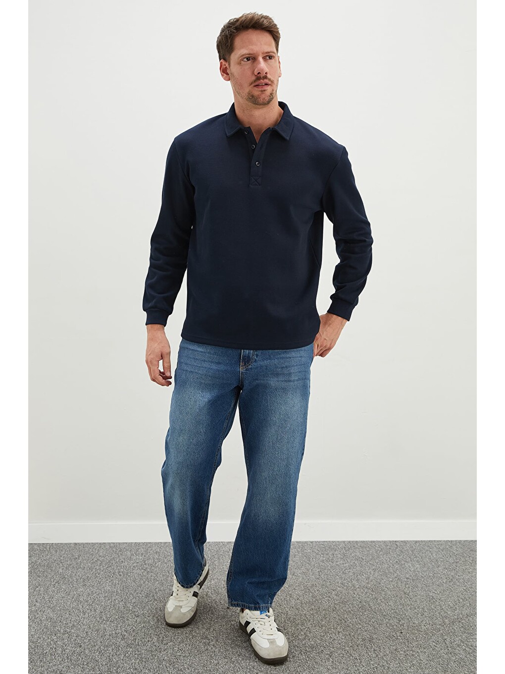 Lacivert Yarım Düğmeli Polo Yaka Pike Sweatshirt-2