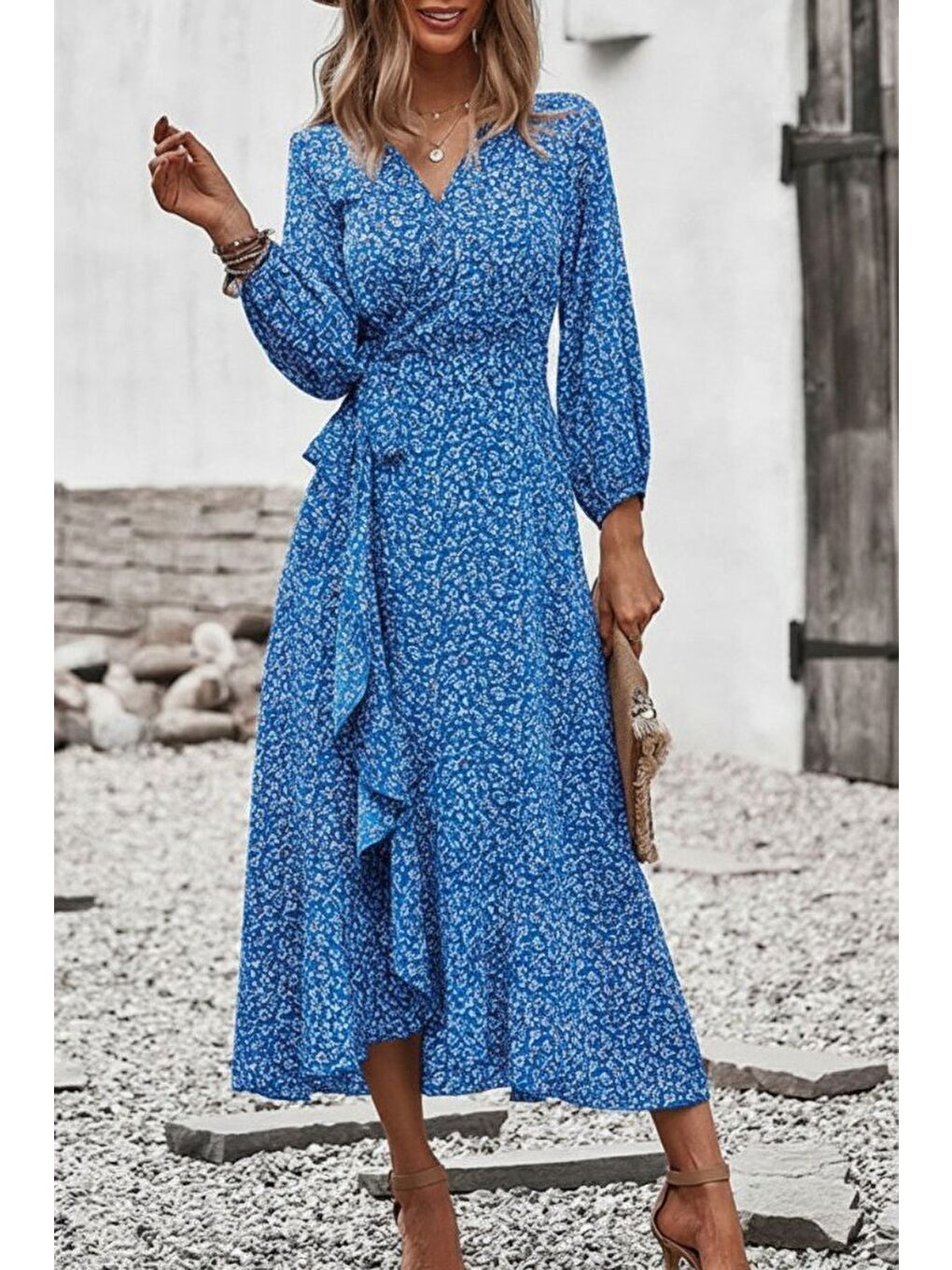 Mavi Kadın Uzun Kollu Kruvaze Yaka Yandan Bağlamalı önden Fırfır Detaylı Süprem Uzun Elbise-3