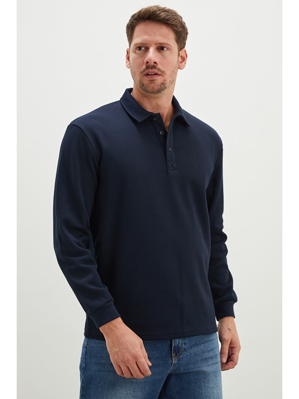 Lacivert Yarım Düğmeli Polo Yaka Pike Sweatshirt-3