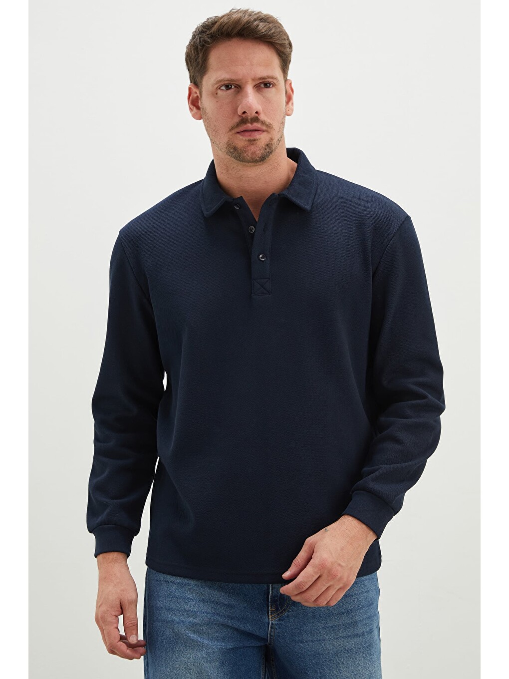 Lacivert Yarım Düğmeli Polo Yaka Pike Sweatshirt-4