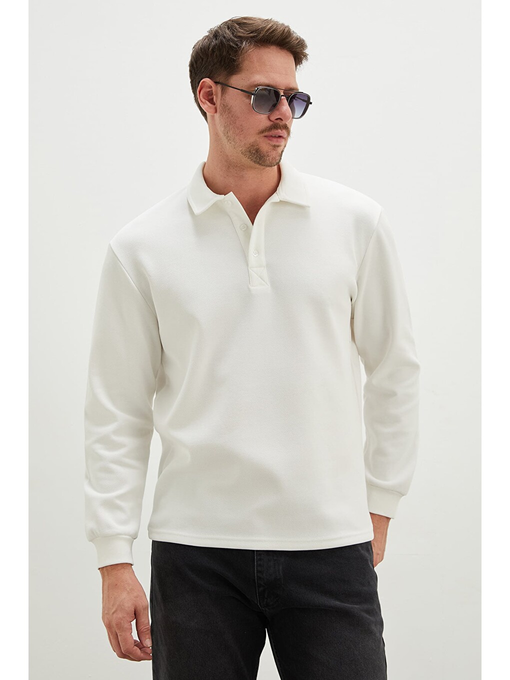 Ekru Yarım Düğmeli Polo Yaka Pike Sweatshirt-1
