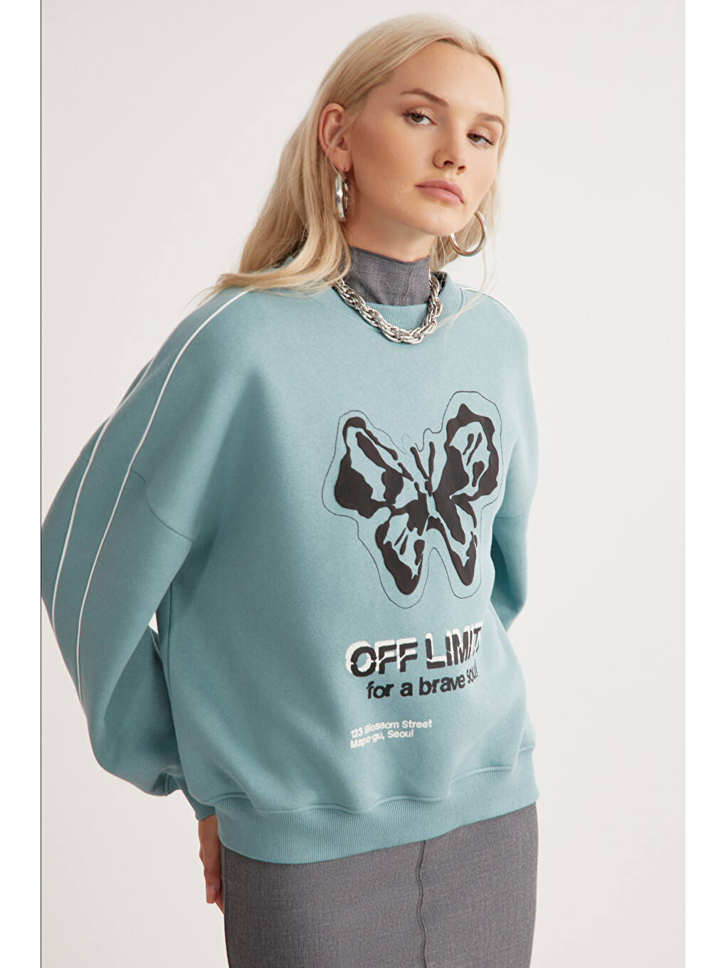 Raketı Kadın İçi Polarlı Yumuşacık Bisiklet Yaka Biye Ve Parça Baskılı Relaxed Yeşil Sweatshirt-5