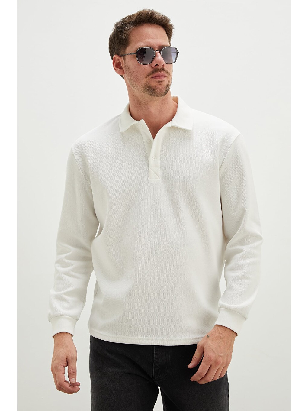 Ekru Yarım Düğmeli Polo Yaka Pike Sweatshirt-2