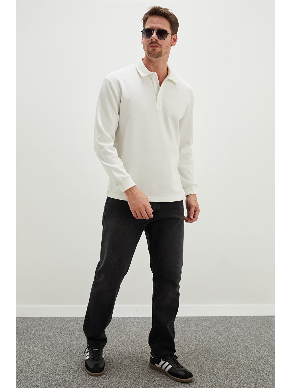 Ekru Yarım Düğmeli Polo Yaka Pike Sweatshirt-3