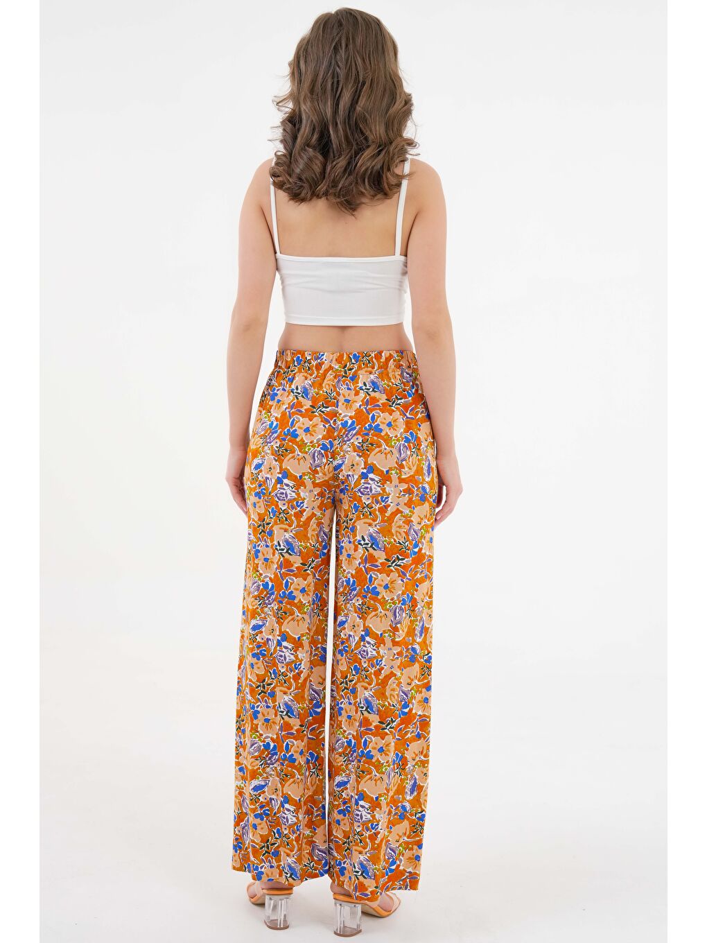 Kahverengi Kamel Kadın Desenli Beli Lastikli Bağlamalı Bol Paça Dokuma Pantolon - Viskon-6