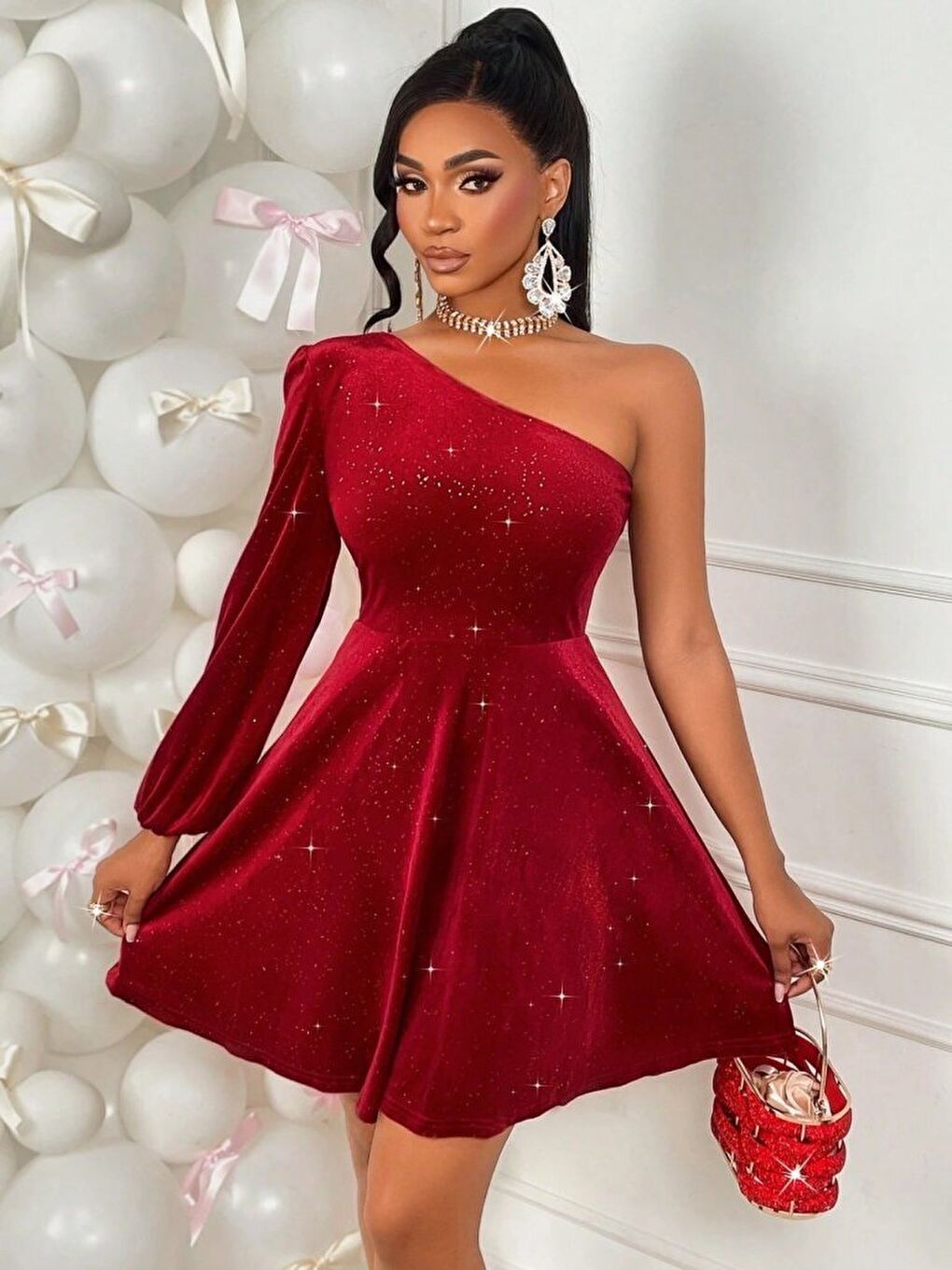Kırmızı Kadın Tek Omuzdan Açık Uzun Kollu Taşlı Mini Elbise-3