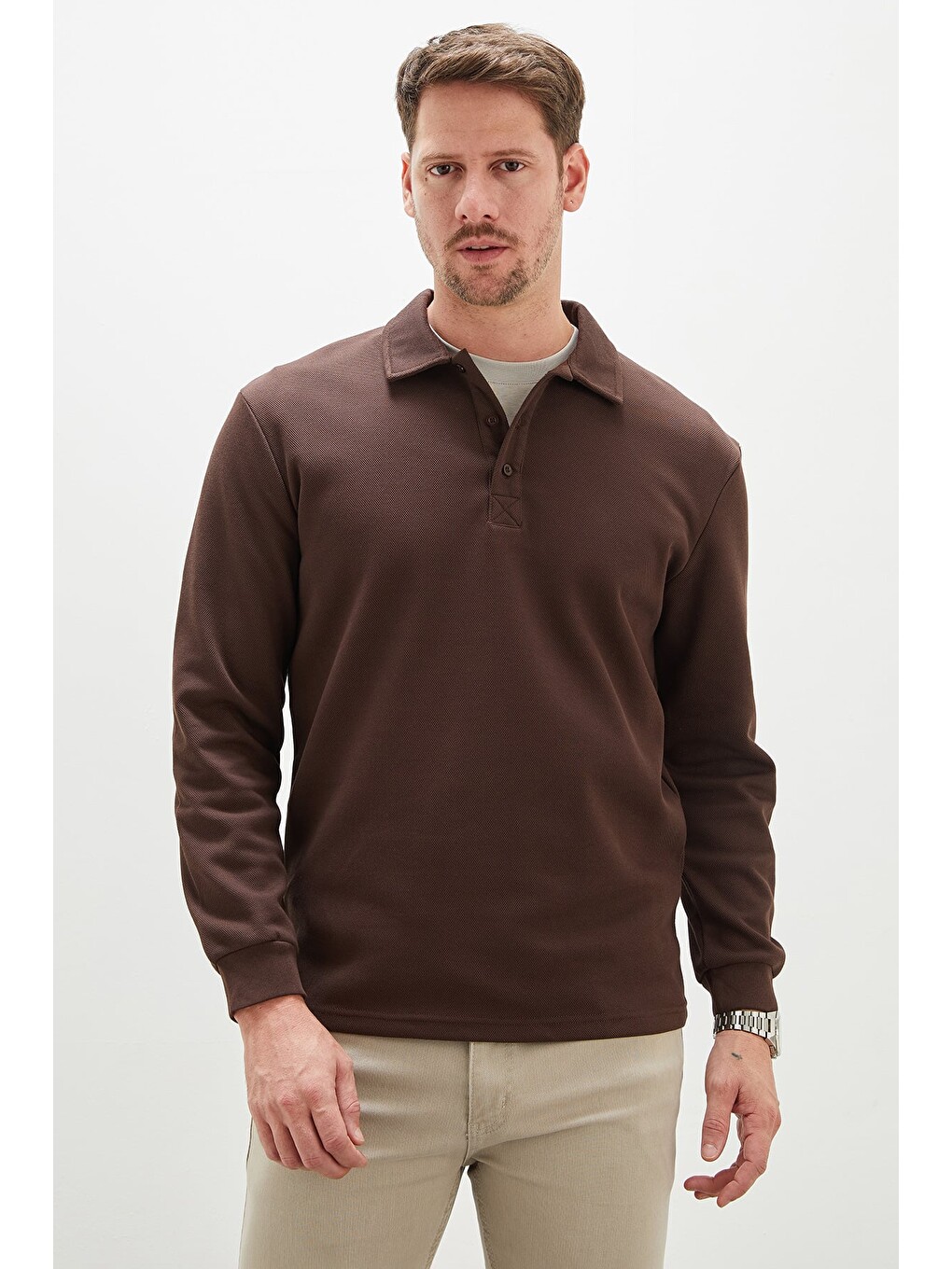 Kahverengi Yarım Düğmeli Polo Yaka Pike Sweatshirt