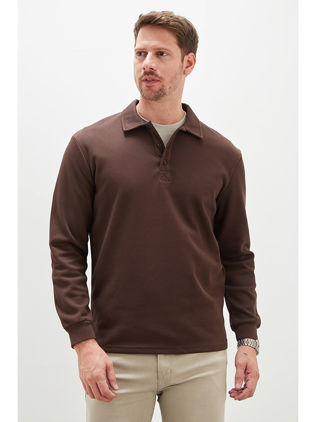 Kahverengi Yarım Düğmeli Polo Yaka Pike Sweatshirt-1