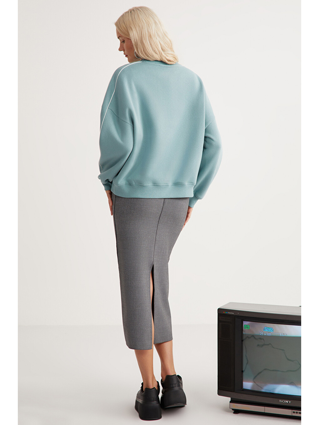 Raketı Kadın İçi Polarlı Yumuşacık Bisiklet Yaka Biye Ve Parça Baskılı Relaxed Yeşil Sweatshirt-6
