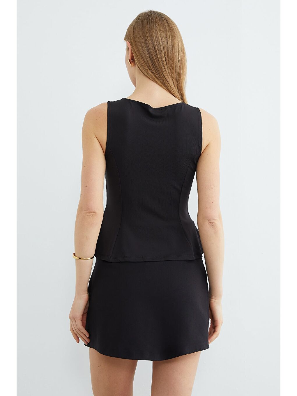 Siyah Bisiklet Yaka Peplum Bluz-1