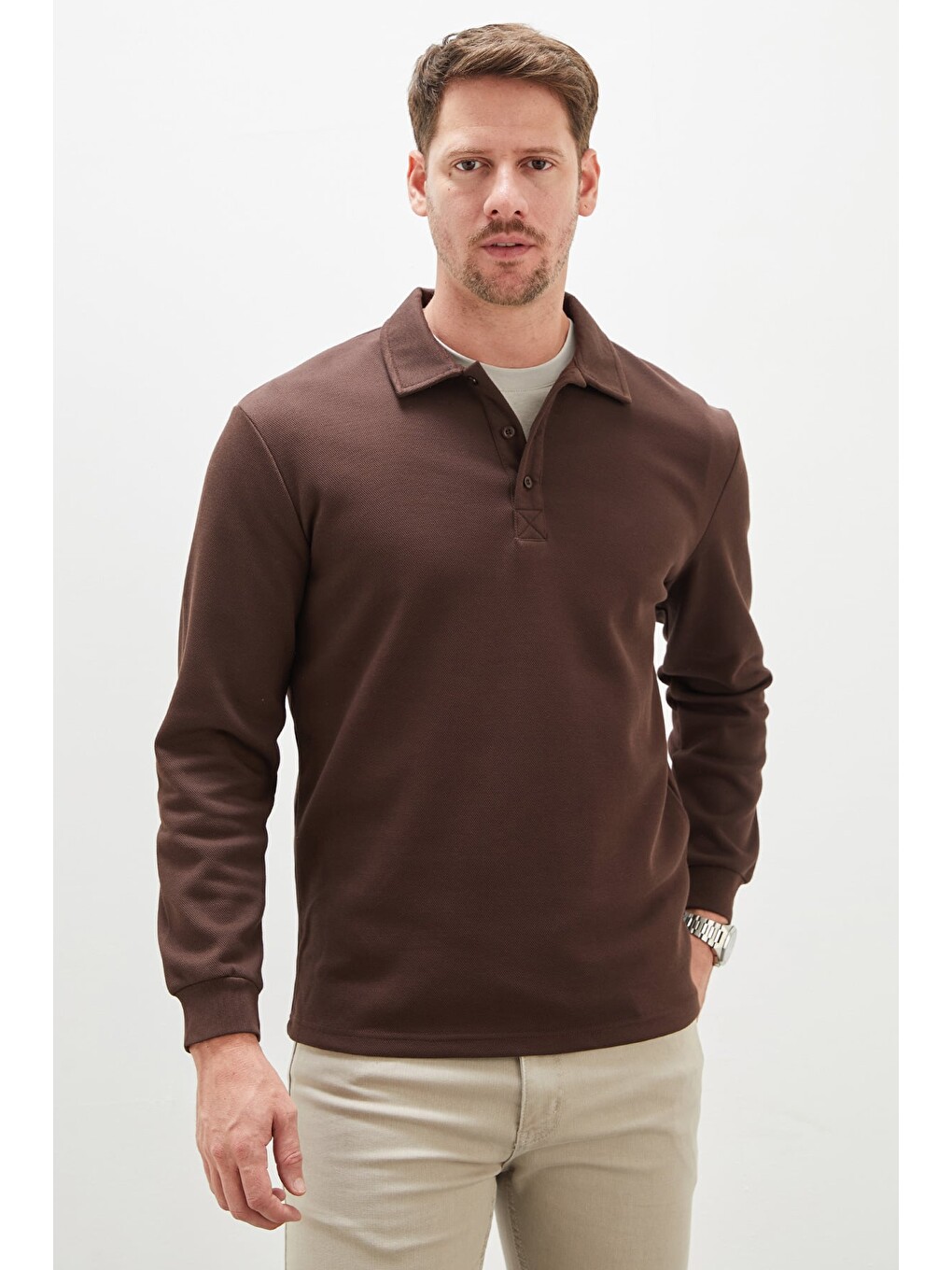 Kahverengi Yarım Düğmeli Polo Yaka Pike Sweatshirt-3