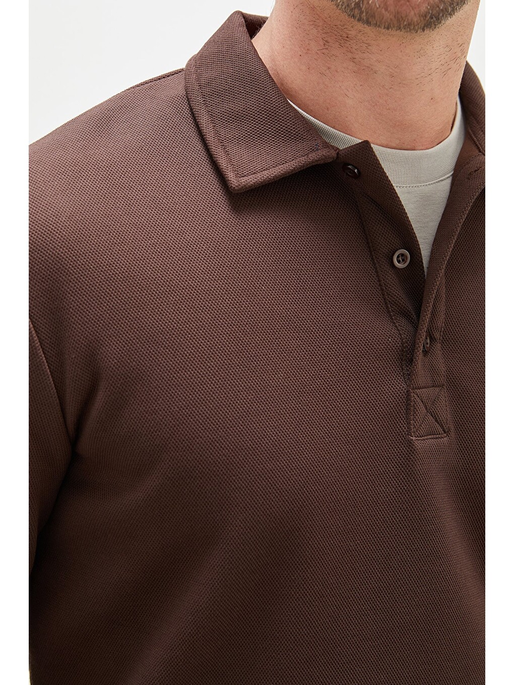 Kahverengi Yarım Düğmeli Polo Yaka Pike Sweatshirt-4