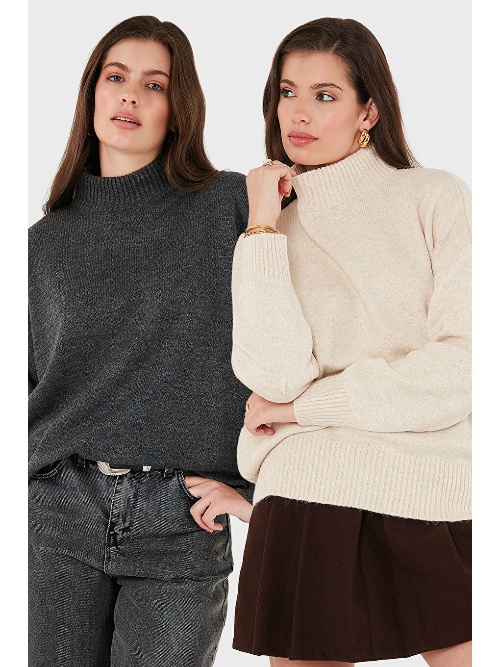 Bej Oversize Fit Balıkçı Yaka Yumuşak Dokulu 2'li Paket Triko Kazak 680KZ00469S2