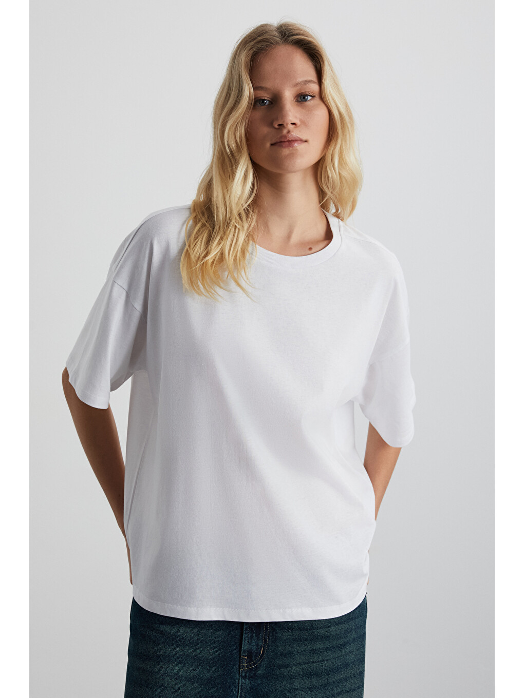 Beyaz LAGERTHA Kadın %100 organik Pamuklu Kalın Dokulu Oversize Fit Yuvarlak Yakalı BEYAZ T-Shirt-2
