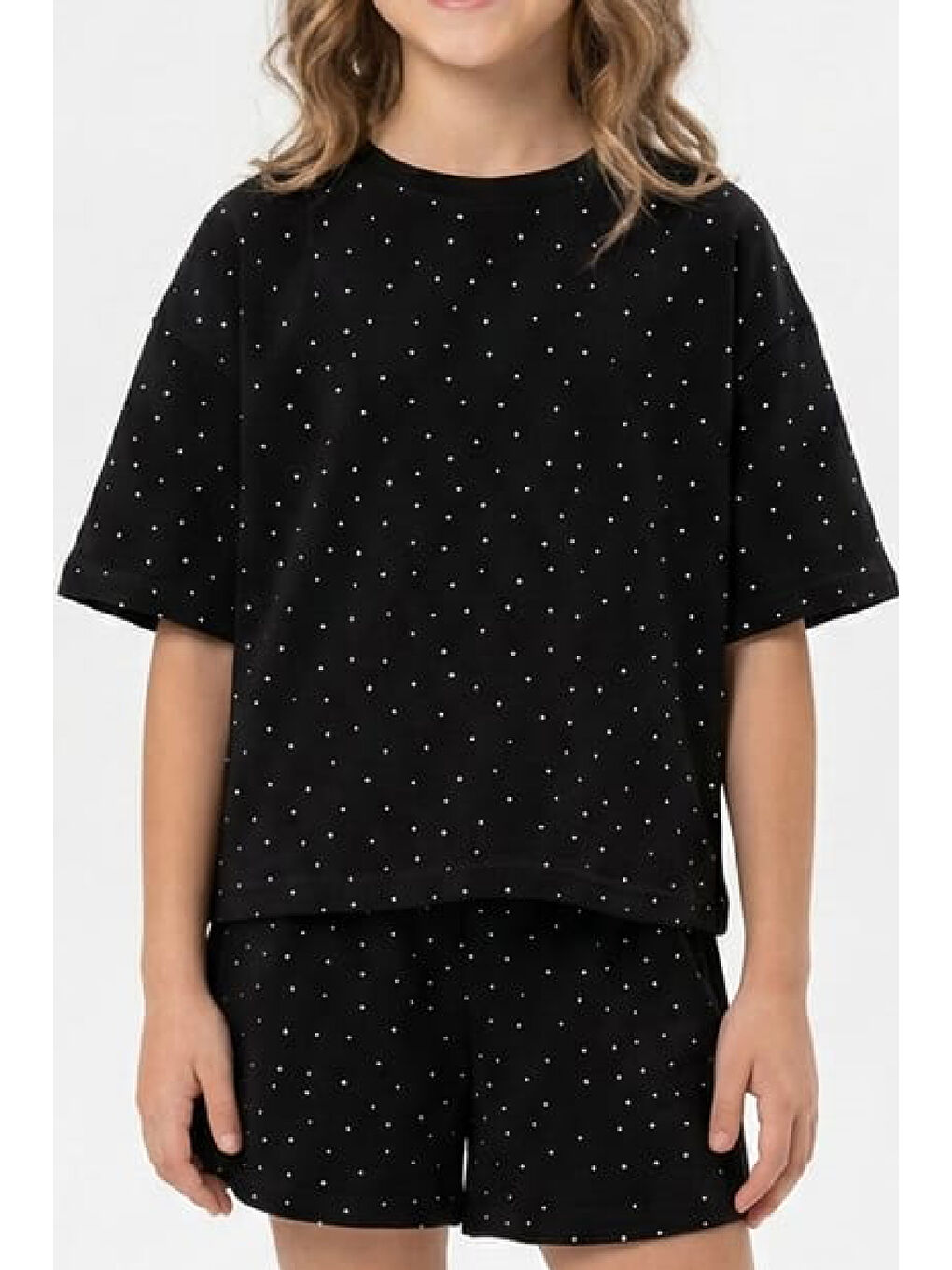 Siyah Kız Çocuk Taş Süslemeli Şortlu Alt-Üst Takım 4-12 Yaş 12561-1
