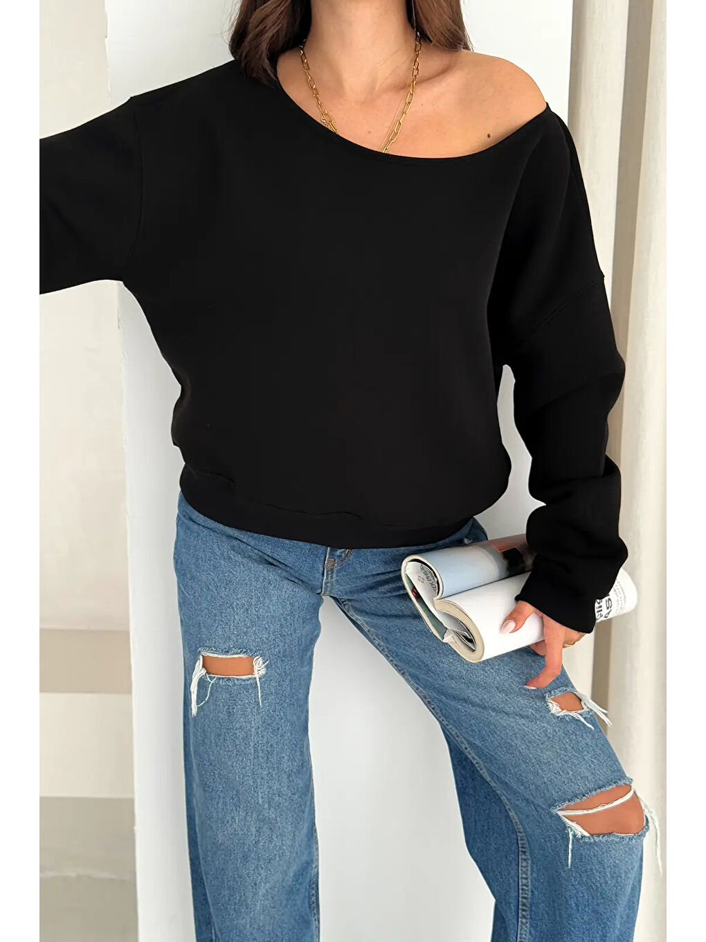 Kayık Yaka Polar Sweatshirt Siyah-1