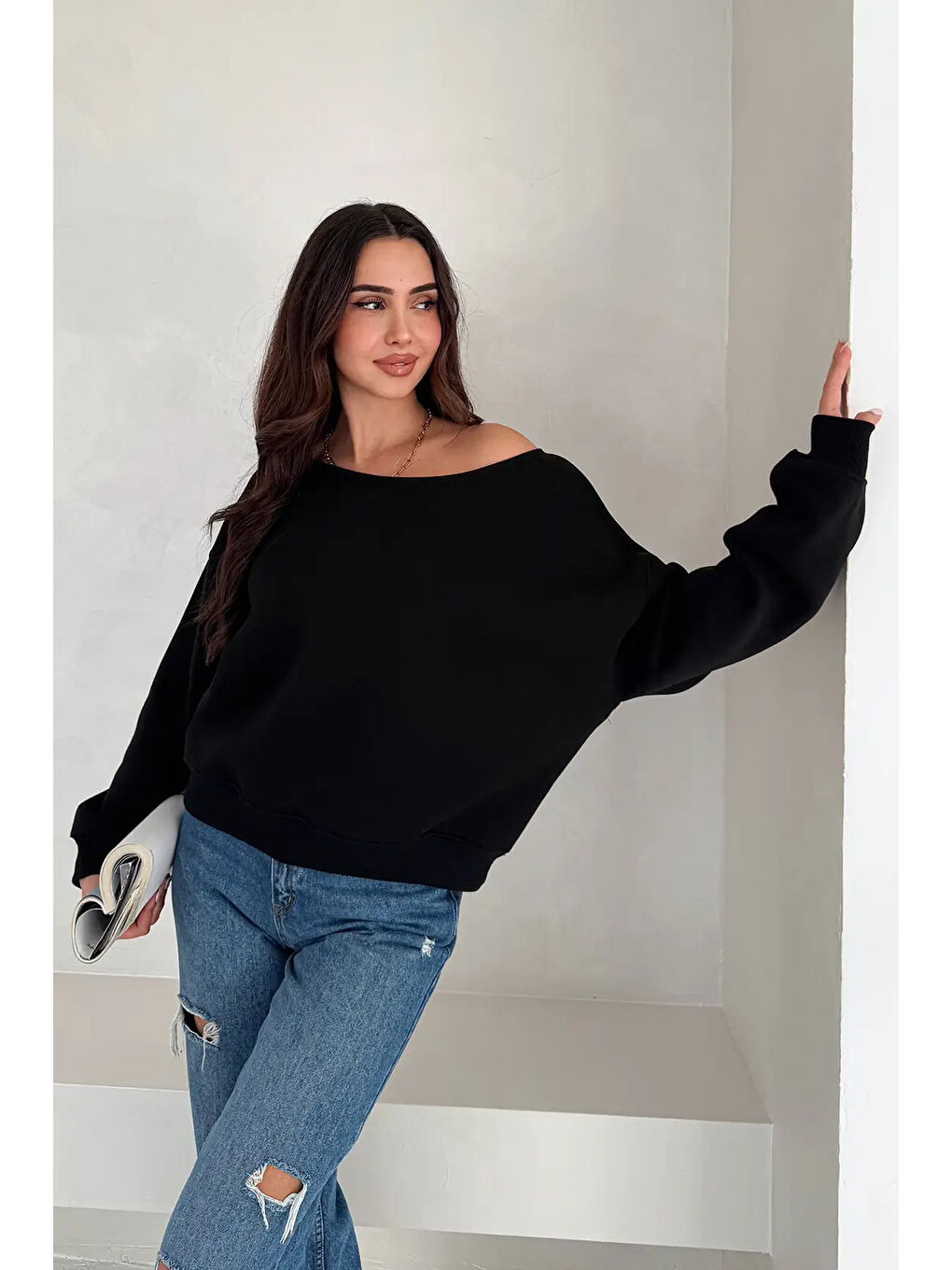 Kayık Yaka Polar Sweatshirt Siyah-2