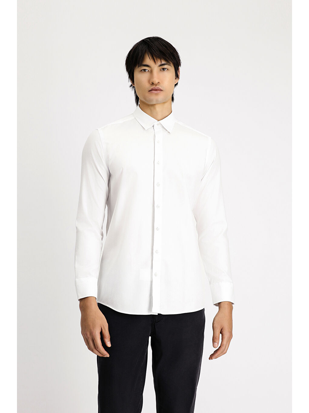 Beyaz Uzun Kol Slim Fit Dar Kesim Desenli Pamuk Gömlek-2