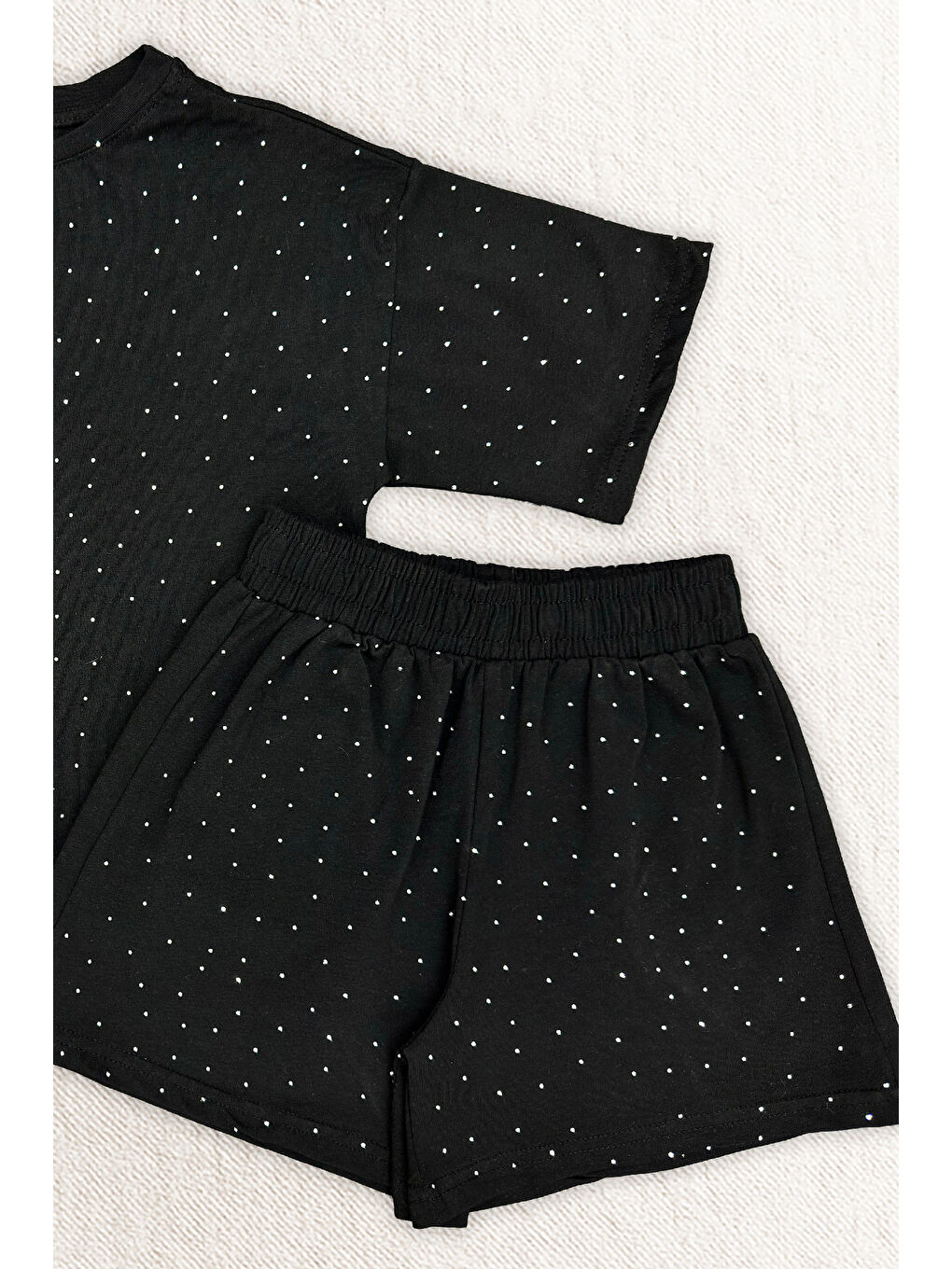 Siyah Kız Çocuk Taş Süslemeli Şortlu Alt-Üst Takım 4-12 Yaş 12561-2