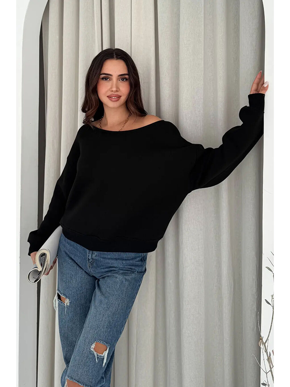 Kayık Yaka Polar Sweatshirt Siyah-3