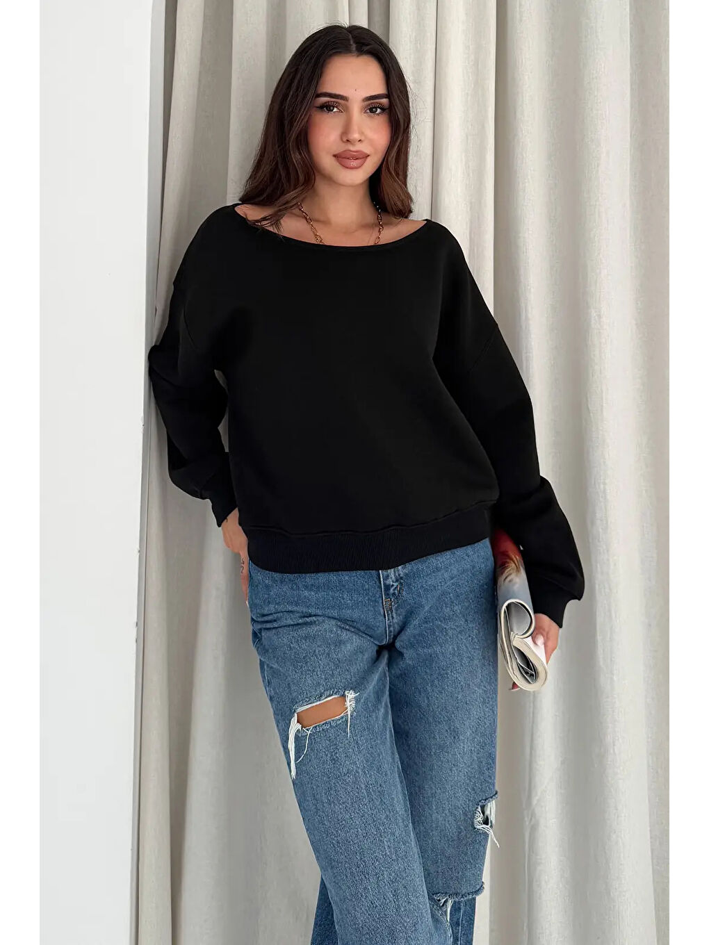 Kayık Yaka Polar Sweatshirt Siyah-4