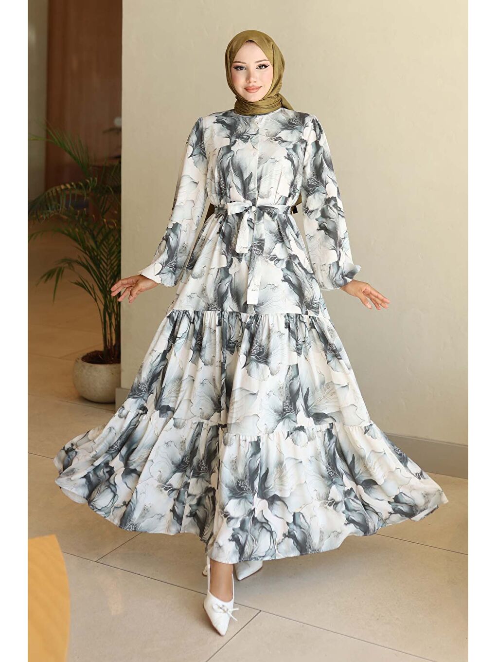 Kadın Desenli Uzun Tesettür Elbise 2586 - Haki