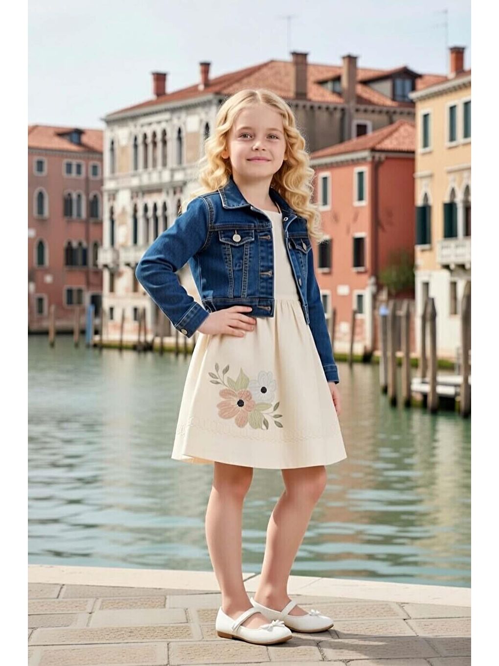 Ekru Kız Çocuk Üzeri Çiçek Nakış Detaylı Jeans Ceketli Krem Elbise-1