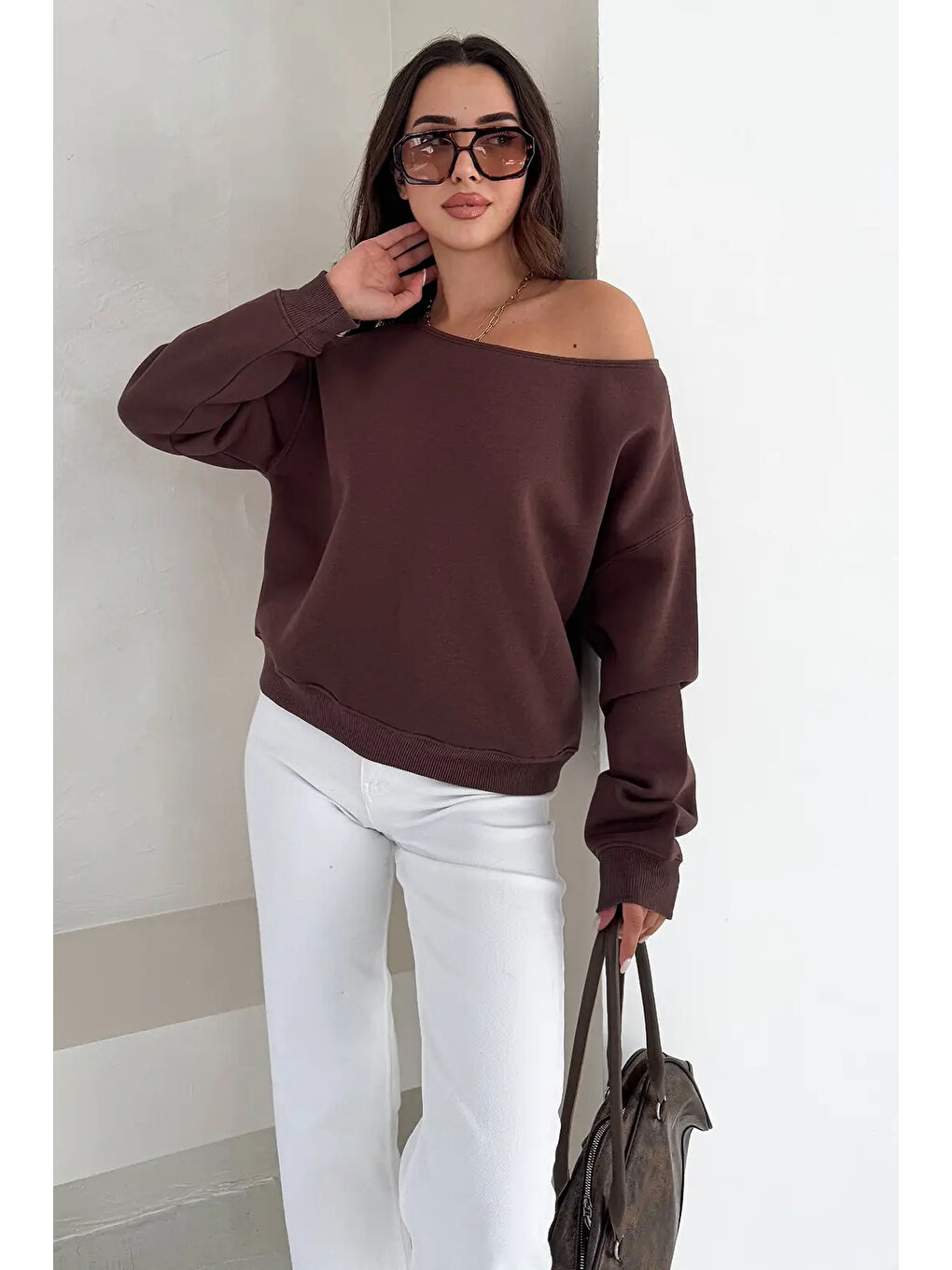 Kahverengi Kayık Yaka Polar Sweatshirt Kahve