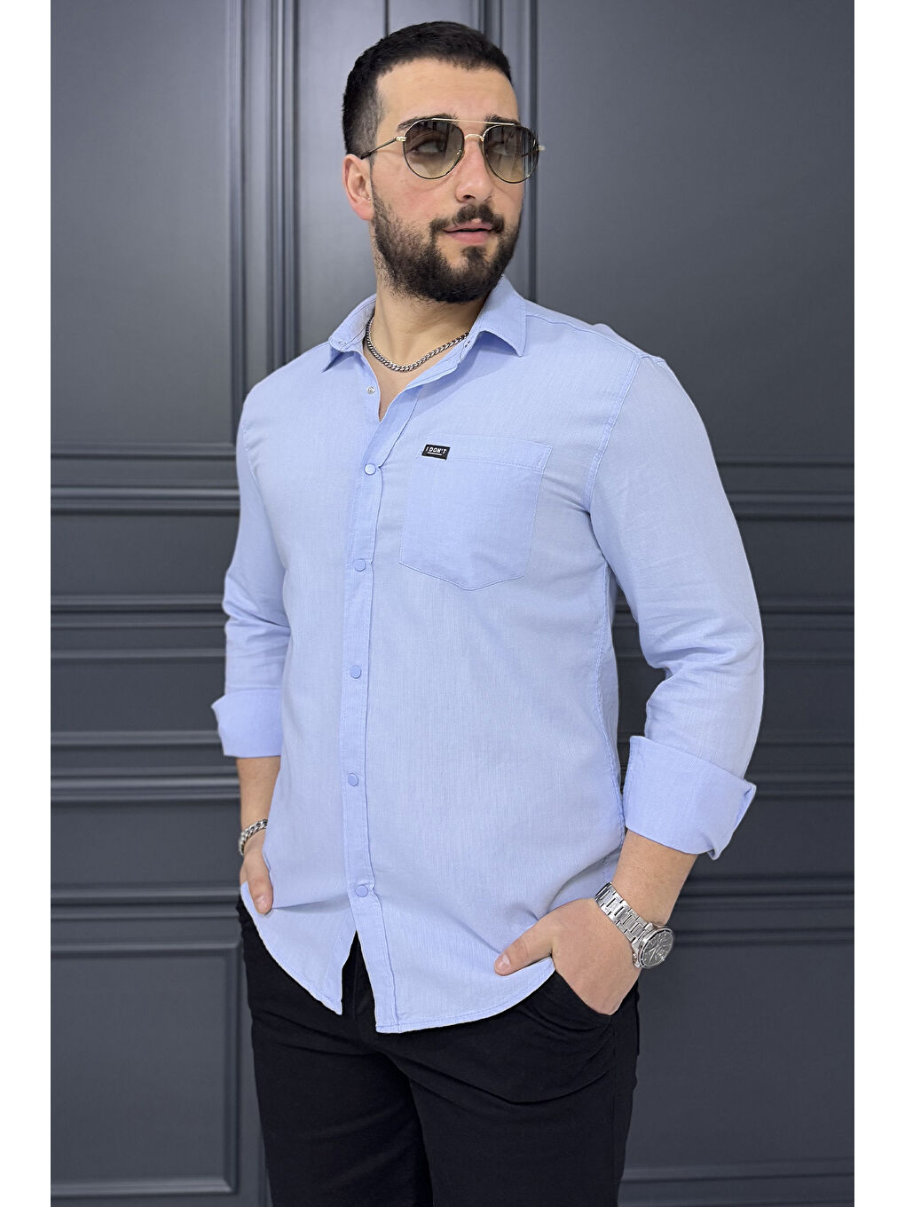 Mavi Erkek Tek Cepli Ön Çıtçıtlı Uzun Kol Gömlek