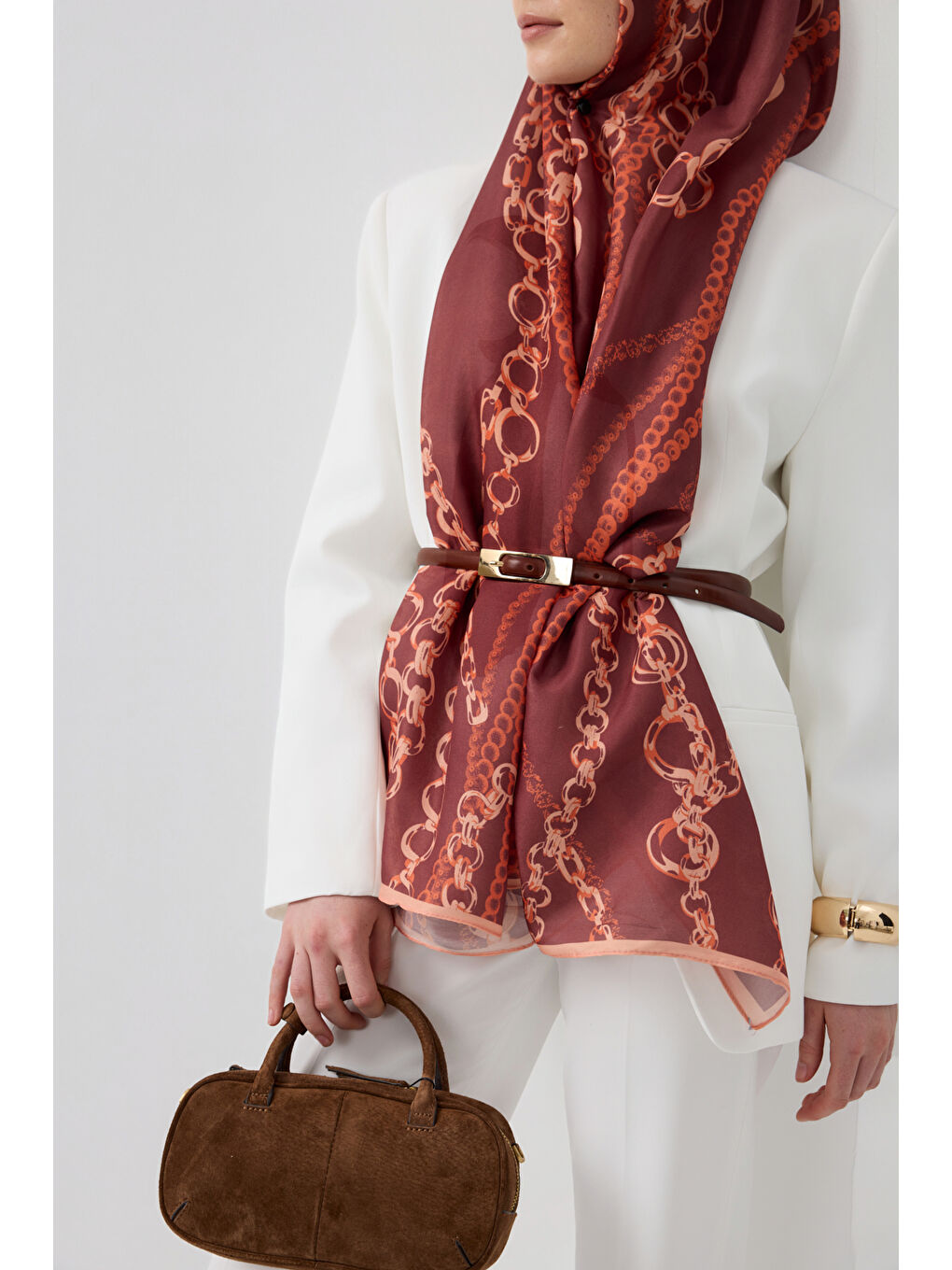 Pamuk Twill Şal Loop Line Bordo-4