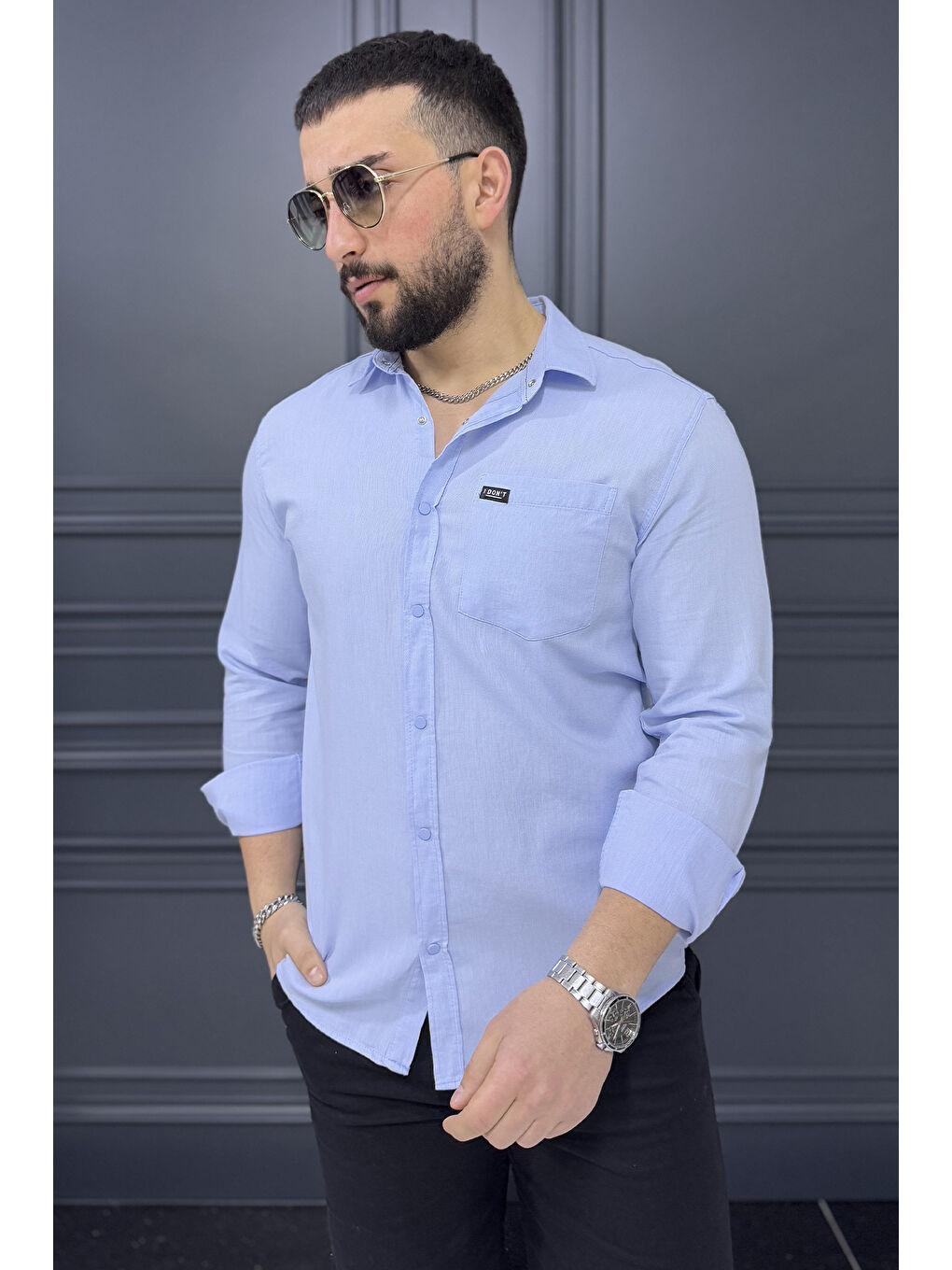 Mavi Erkek Tek Cepli Ön Çıtçıtlı Uzun Kol Gömlek-1