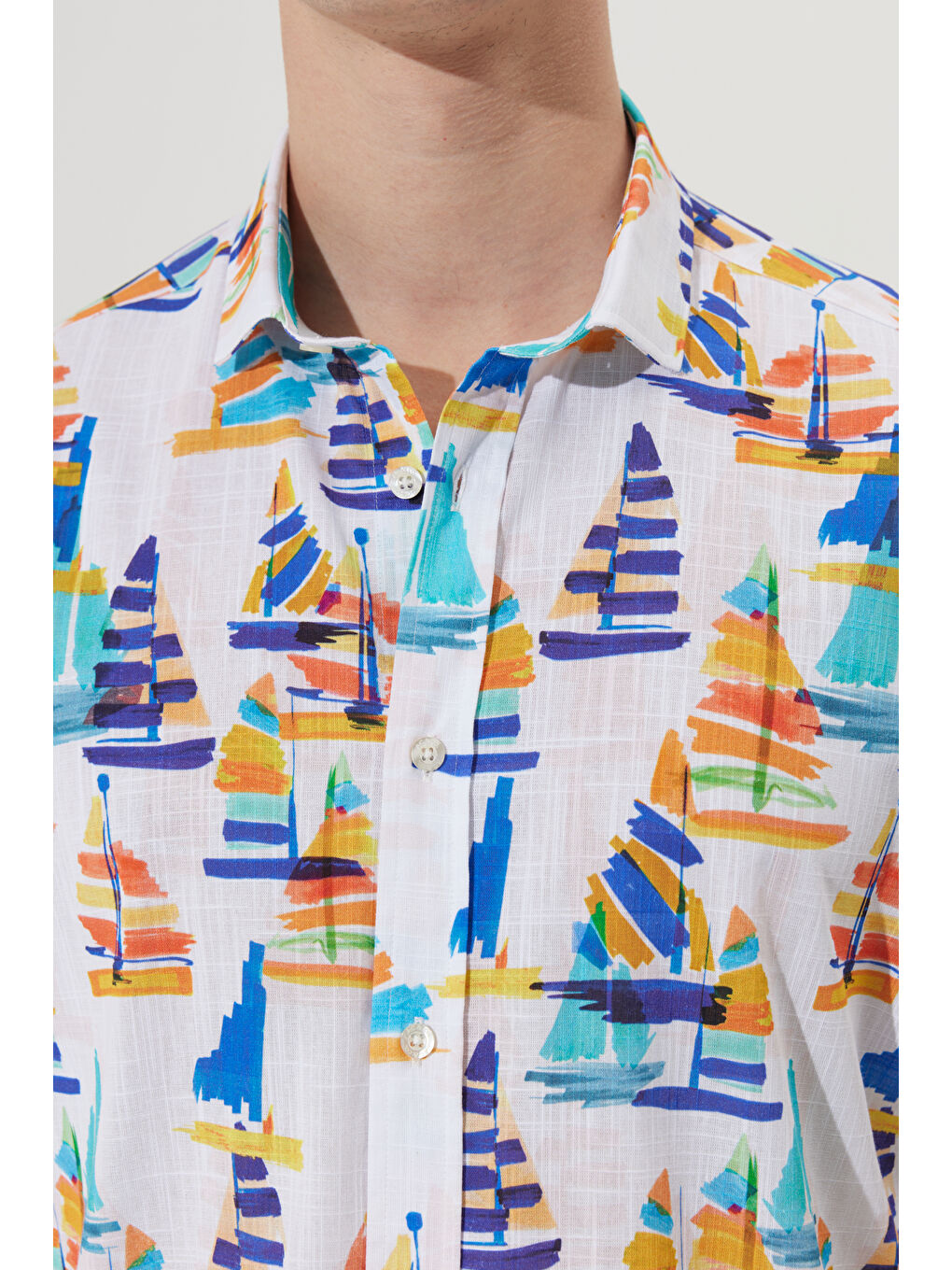 Beyaz Erkek BEYAZ RENKLI Oversize Fit Geniş Kesim Küçük İtalyan Yaka %100 Pamuk Baskılı-1