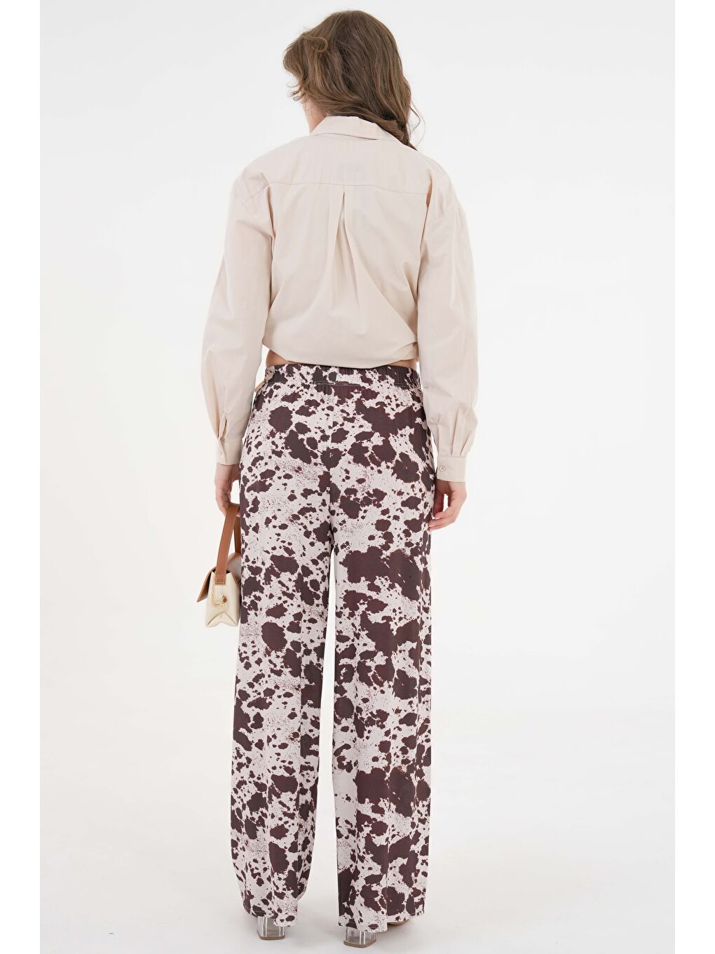 Kahverengi Kadın Desenli Beli Lastikli Bağlamalı Bol Paça Dokuma Pantolon - Viskon-6