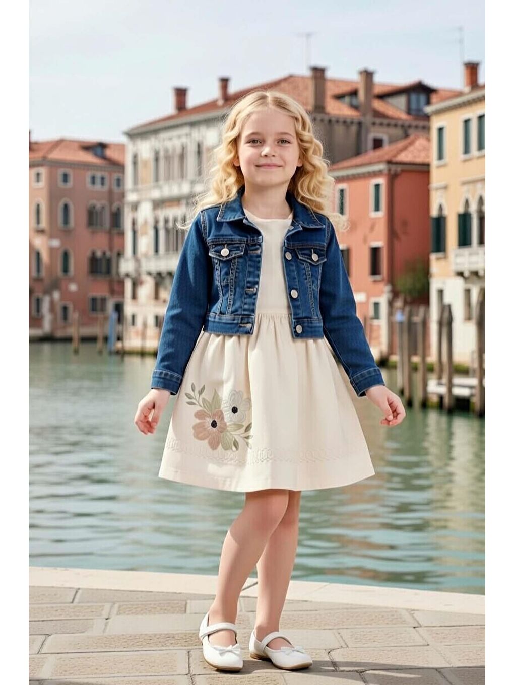 Ekru Kız Çocuk Üzeri Çiçek Nakış Detaylı Jeans Ceketli Krem Elbise-2