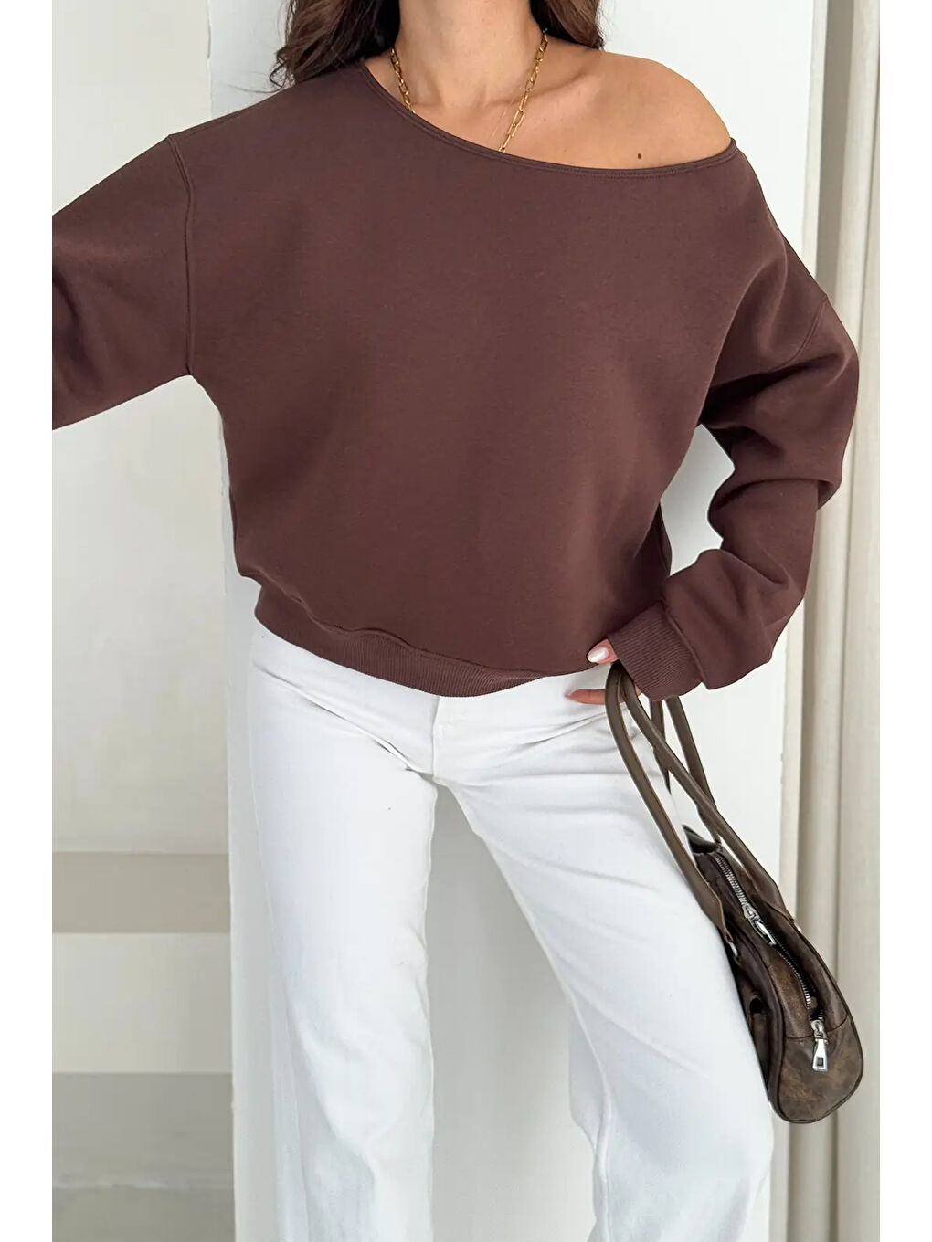 Kahverengi Kayık Yaka Polar Sweatshirt Kahve-1