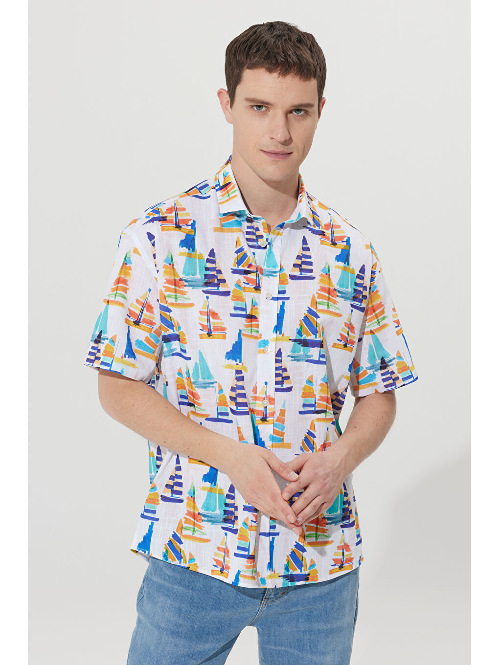 Beyaz Erkek BEYAZ RENKLI Oversize Fit Geniş Kesim Küçük İtalyan Yaka %100 Pamuk Baskılı-2