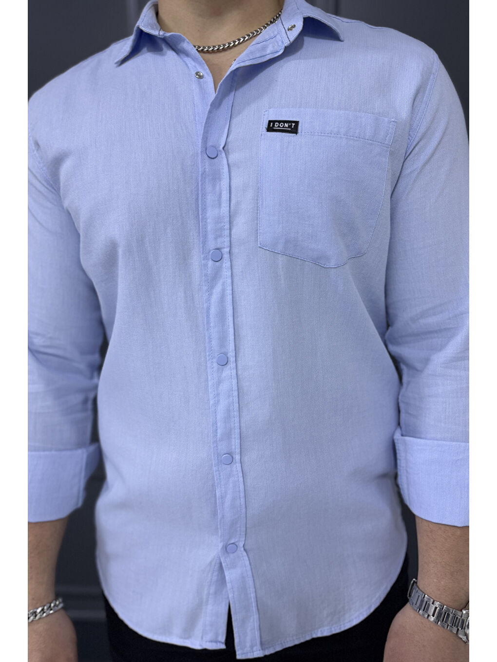 Mavi Erkek Tek Cepli Ön Çıtçıtlı Uzun Kol Gömlek-3