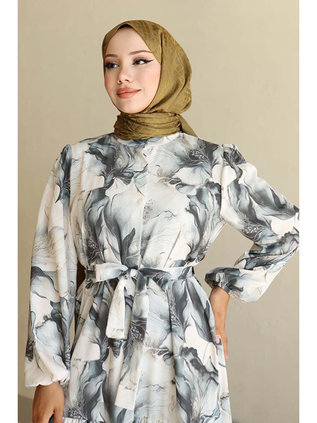 Kadın Desenli Uzun Tesettür Elbise 2586 - Haki-1