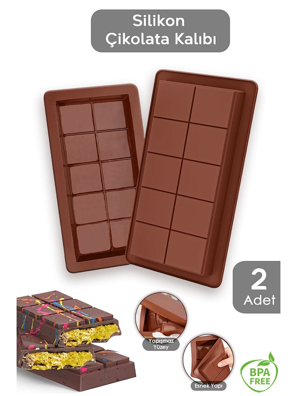 Kahverengi 2 Adet Dubai Çikolatası Kalıbı Büyük Tablet Çikolata Kalıbı Silikon Kalıp