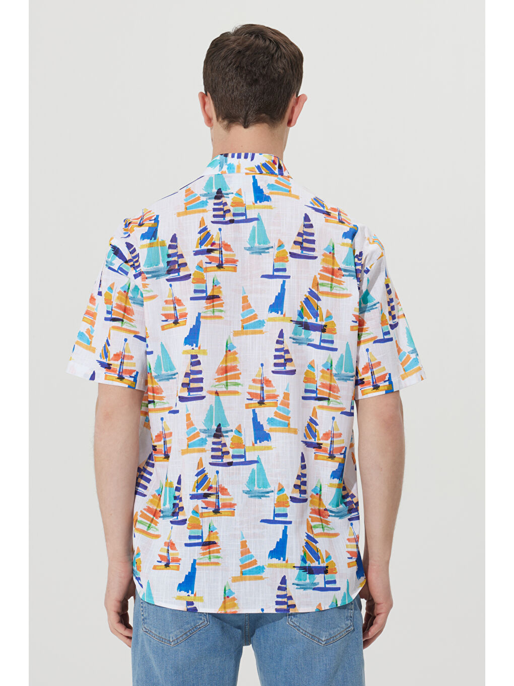 Beyaz Erkek BEYAZ RENKLI Oversize Fit Geniş Kesim Küçük İtalyan Yaka %100 Pamuk Baskılı-5