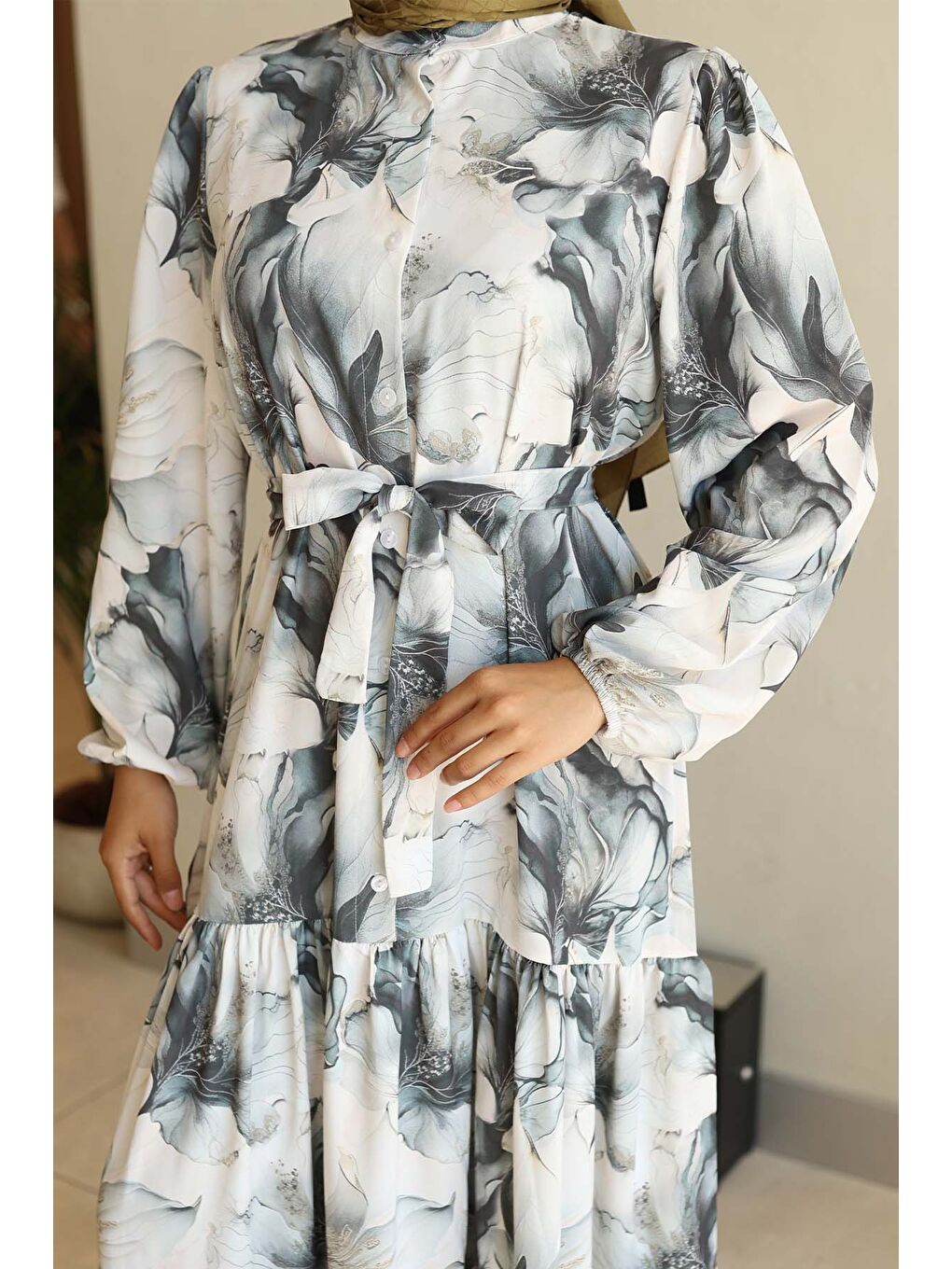 Kadın Desenli Uzun Tesettür Elbise 2586 - Haki-2