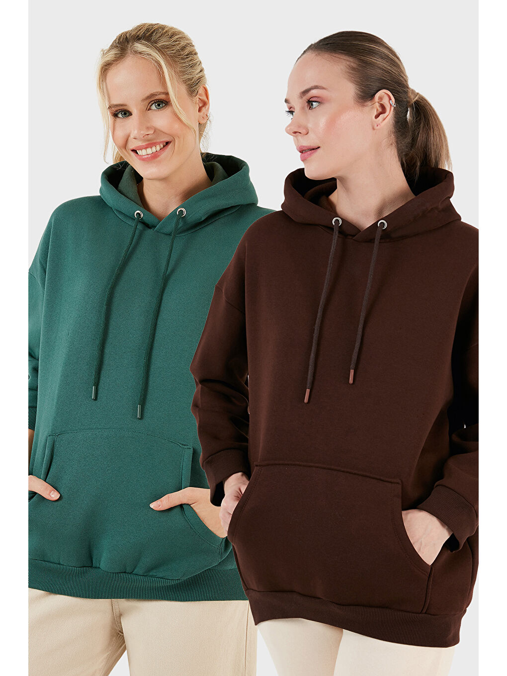 Kahverengi Regular Fit Pamuklu Kapüşonlu Yaka Şardonlu Kışlık 2'li Paket Sweat 5863854S2