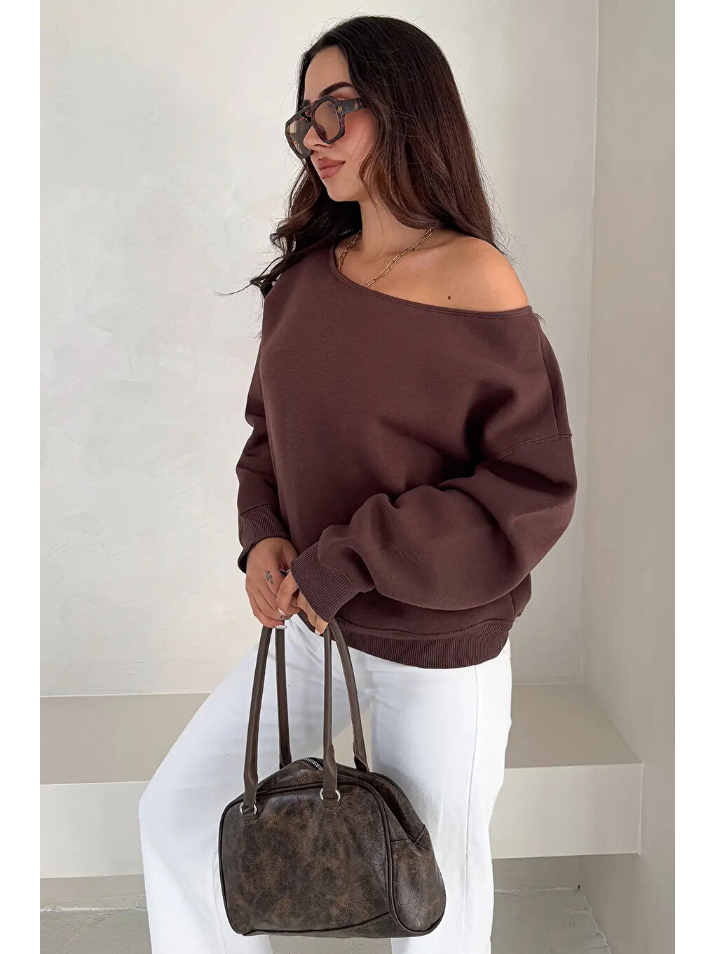 Kahverengi Kayık Yaka Polar Sweatshirt Kahve-2