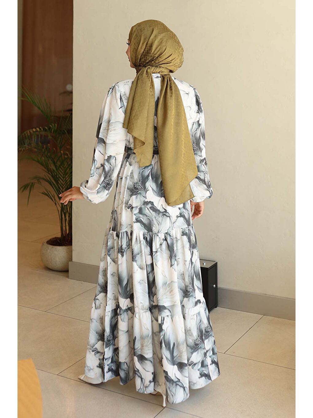 Kadın Desenli Uzun Tesettür Elbise 2586 - Haki-4