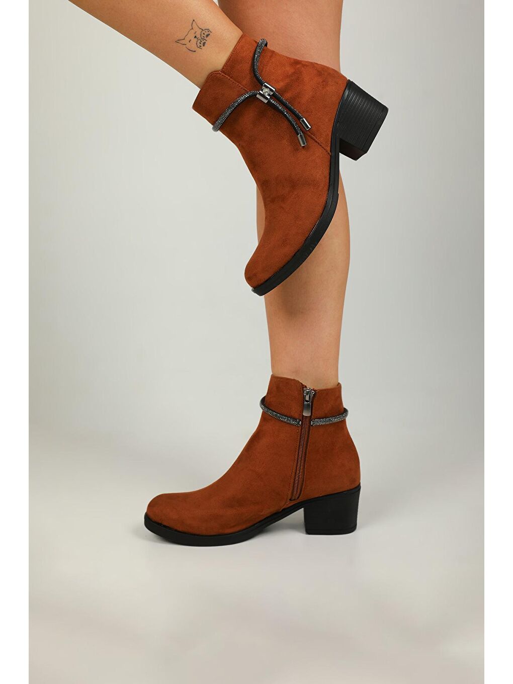 Kahverengi Kadın Fermuarlı Taş Detaylı Topuklu Bot-2