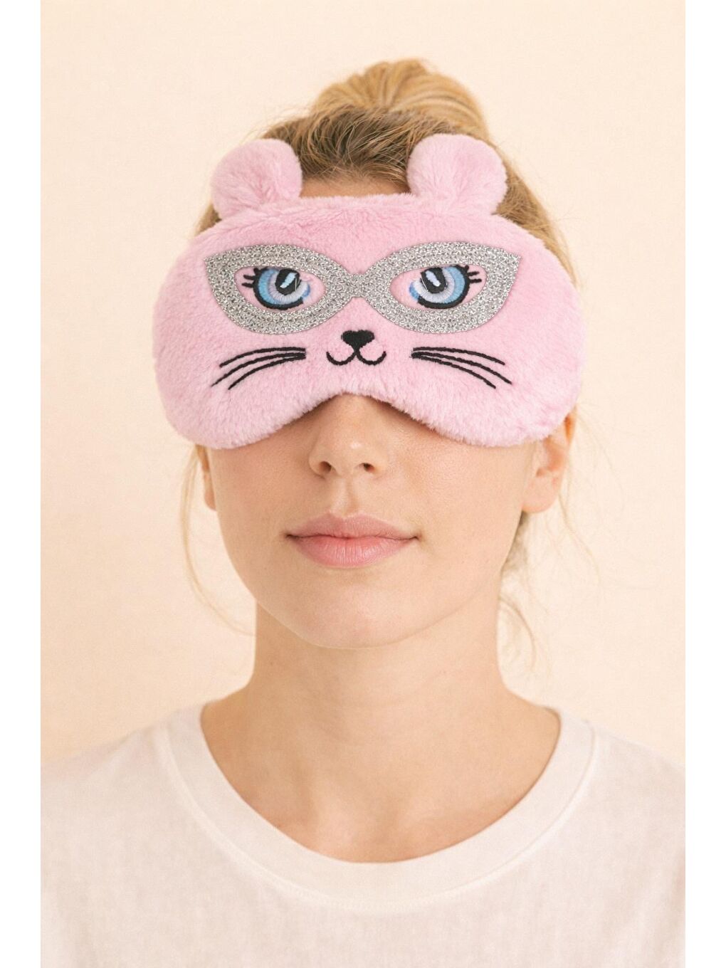 Kedi Desenli Göz Uyku Bandı Pembe