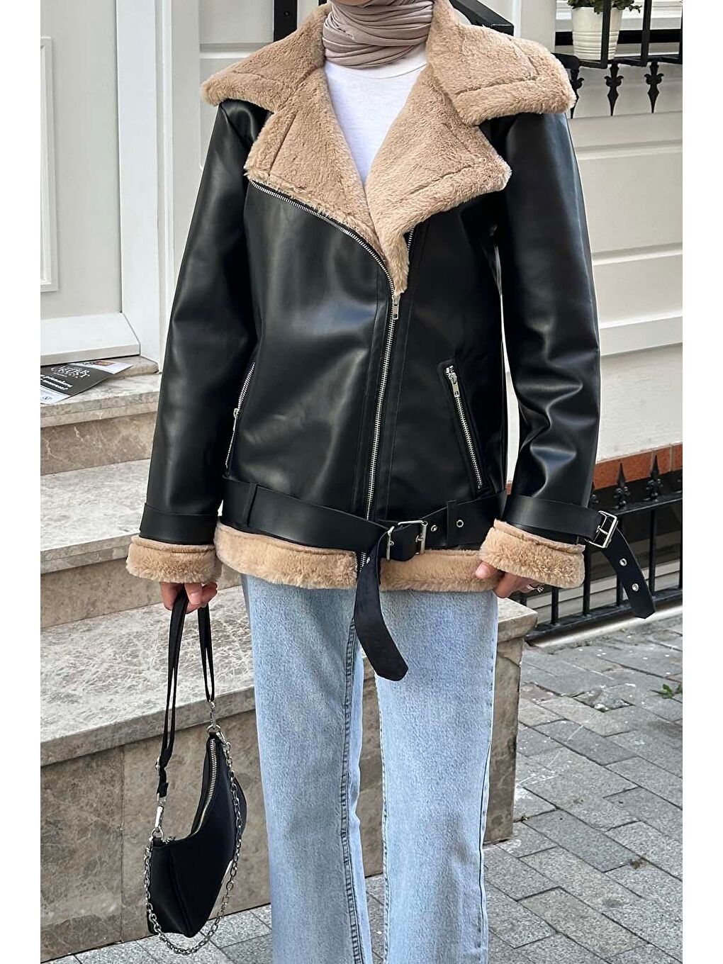 Süet Düğmeli Mont Siyah Kahverengi-2