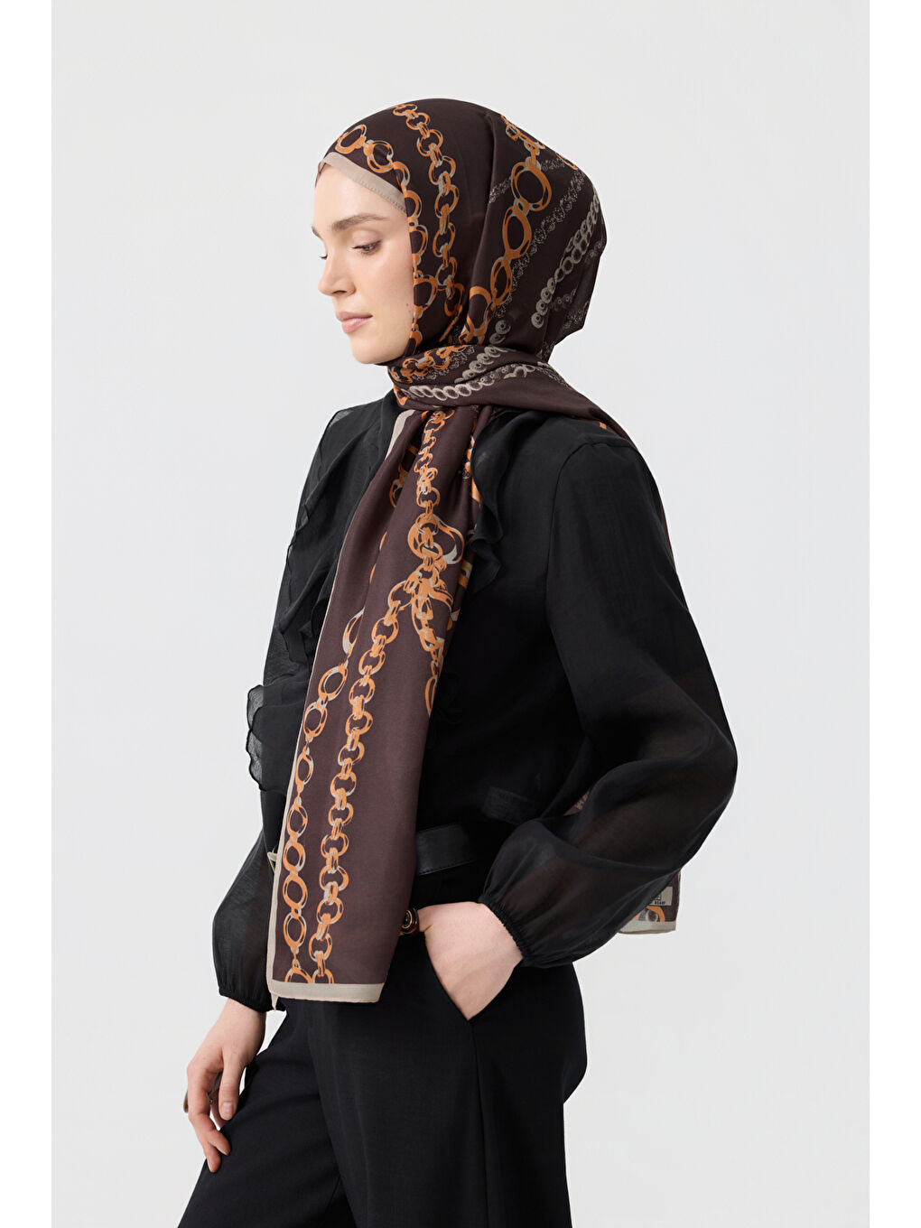 Kahverengi Pamuk Twill Şal Loop Line Acı Kahve-2