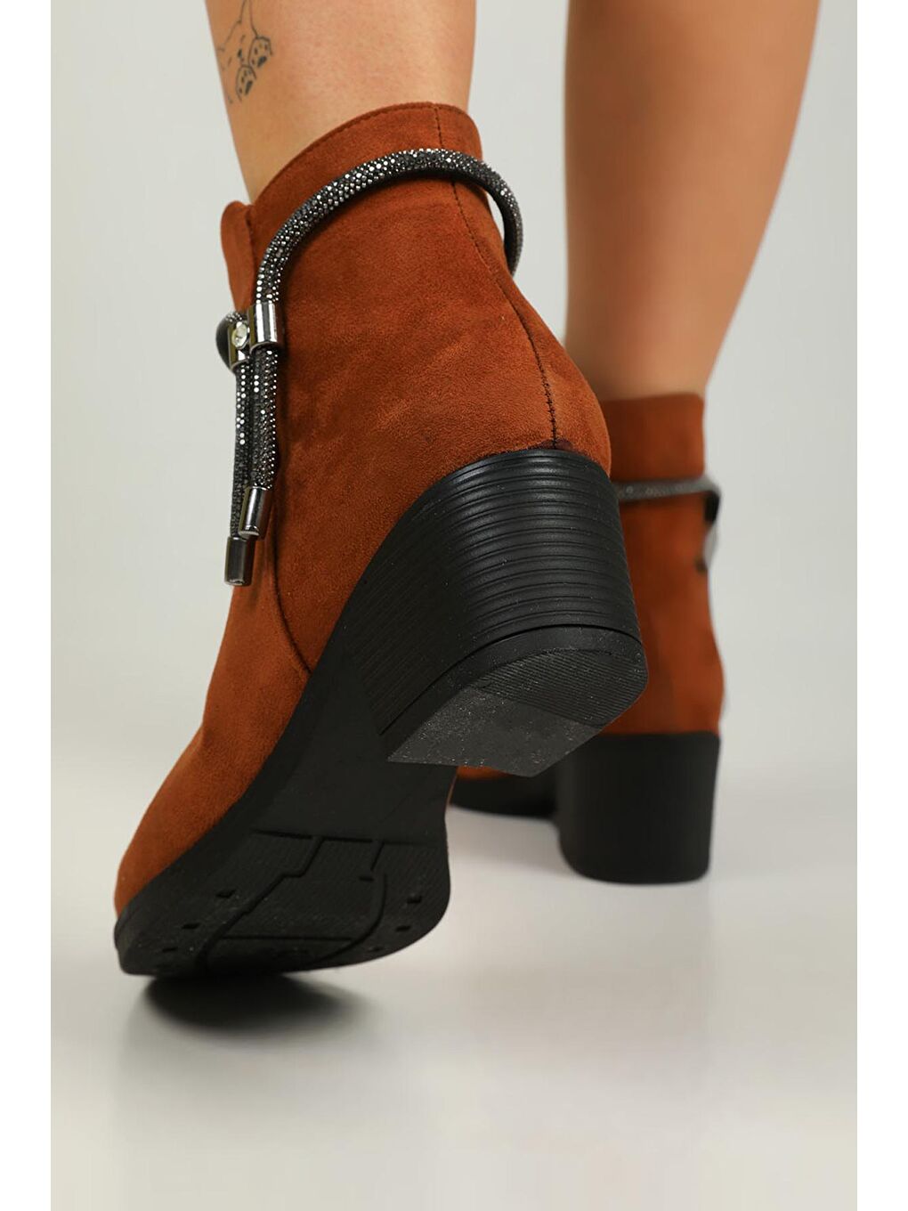 Kahverengi Kadın Fermuarlı Taş Detaylı Topuklu Bot-3